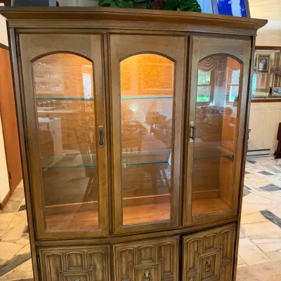Vintage Mid-Century Mediterranean Walnut Display China Cabinet – Lighted Glass Doors 52" x 75" (LR)