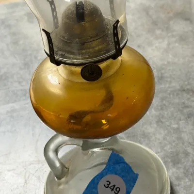 Vintage Amber & Clear Glass Kerosene Oil Lamp w/ Finger Loop & Chimney