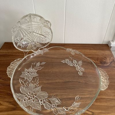 Vintage Frosted Pressed Glass Christmas Platter and Relish Dish Set Holiday Serveware