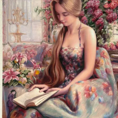 Signed “Alet” Framed Romantic Woman Reading Floral Portrait Artwork – 26" x 30"