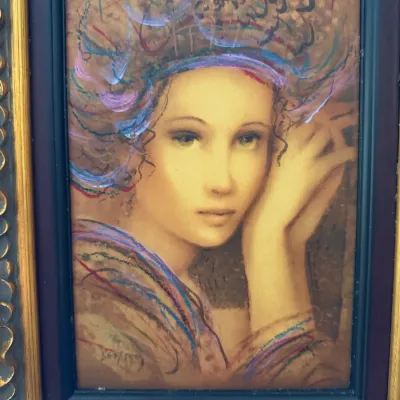 Signed Contemporary Female Portrait Art – Ornate Gold Frame – Colorful Figural Wall Décor DR