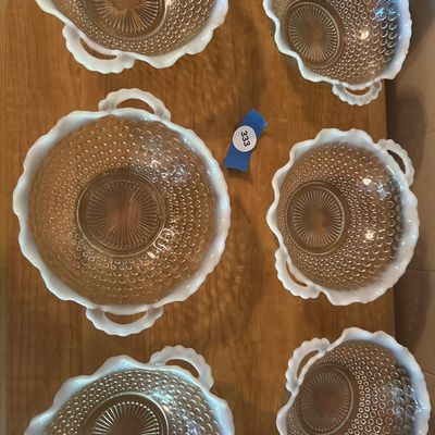 Anchor Hocking Moonstone White Opalescent Handled Bowls – Lot of 6