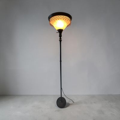 Vintage Beaded Torchiere Floor Lamp Frosted Glass Scalloped Shade Dark Bronze Finish