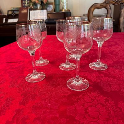 Set of 6 Etched Wine Glasses with Gold Rim