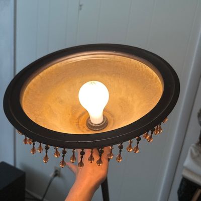 Vintage Beaded Torchiere Floor Lamp Frosted Glass Scalloped Shade Dark Bronze Finish