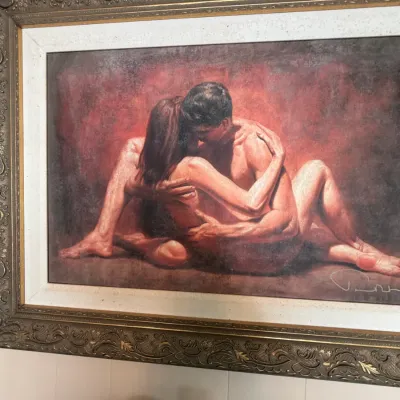 Large Signed Romantic Couple Embrace Figural Art Print – Ornate Bronze Gold Frame DR