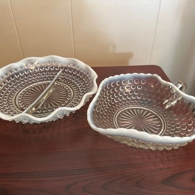 White Opalescent Hobnail Glass Divided Dish & Handled Bowl – 2 Pieces