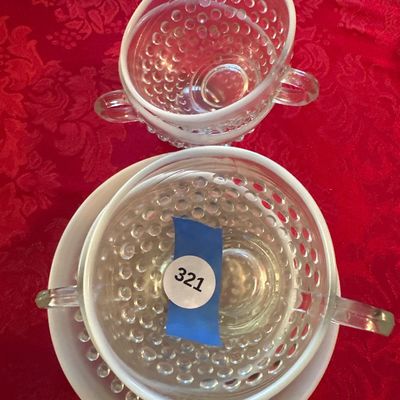 White Opalescent Hobnail Glass Cups & Saucers – Set of 4 (Set B)