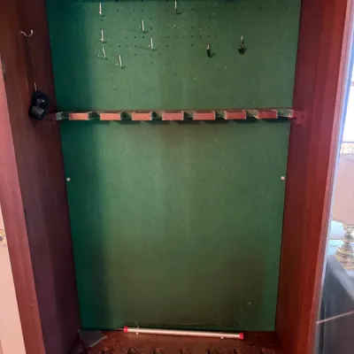 Vintage Lighted Wood Gun Cabinet w/ Locking Glass Doors, Key & Lower Storage