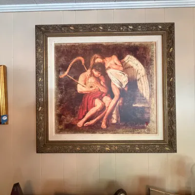 Large Framed Classical Angel & Harp Art Print – Ornate Gold-Tone Frame DR