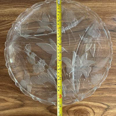 Vintage Frosted Glass 3-Section Divided Serving Platter 13 Inch Hummingbird and Lily Floral Tray