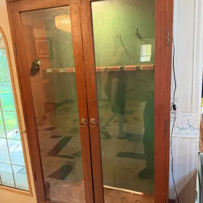 Vintage Lighted Wood Gun Cabinet w/ Locking Glass Doors, Key & Lower Storage