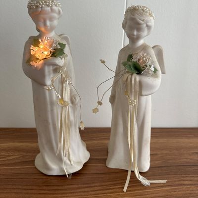 Pair of Vintage Light-Up Ceramic Angel Figurines - 9.5" White Bisque Porcelain Christmas/Holiday Decor