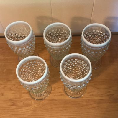 White Opalescent Hobnail Footed Drinking Glasses – Set of 5 (Set B)