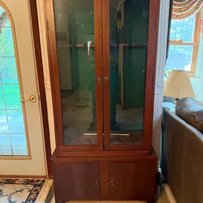 Vintage Lighted Wood Gun Cabinet w/ Locking Glass Doors, Key & Lower Storage