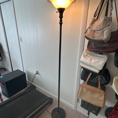 Vintage Beaded Torchiere Floor Lamp Frosted Glass Scalloped Shade Dark Bronze Finish