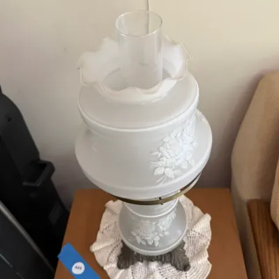 Vintage White Milk Glass Gone With the Wind Style Hurricane Table Lamp – Floral Rose Double Globe (MBR)