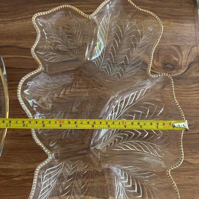 Vintage Gold Trim Glass Platters Set Oval Starburst Tray and Leaf Shaped Relish Dish