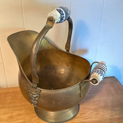 Brass-Tone Coal Scuttle with Blue & White Ceramic Handles