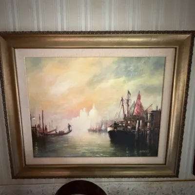 Signed & Numbered Venetian Harbor Canvas Art 32/95 – Gondolas & Boats – Framed