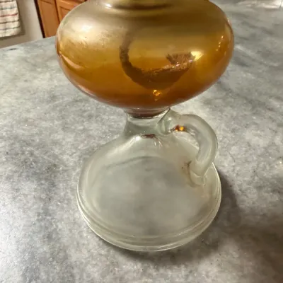 Vintage Amber & Clear Glass Kerosene Oil Lamp w/ Finger Loop & Chimney