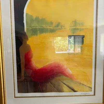 Signed Contemporary Abstract Figural Art Print – Woman in Red & Yellow – Gold Frame (MBR)