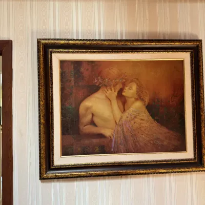 Signed Contemporary Romantic Figurative Couple Artwork – Ornate Framed Mixed Media Style, 39" x 32" (LR)