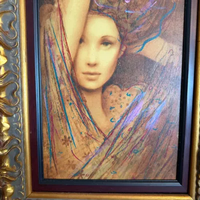 Stylized Female Portrait Mixed-Media Style Art – Ornate Gold Frame – Companion to Lot 203 DR