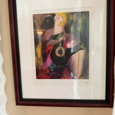 Linda Le Kinff Signed Figural Serigraph – Two Women with Mandolin – Framed DR