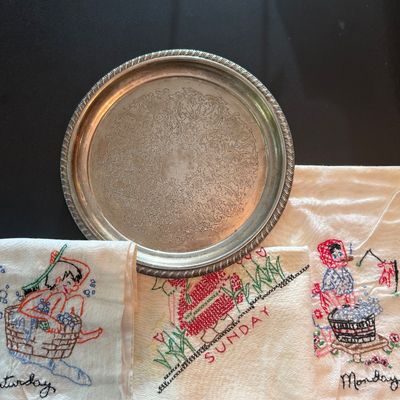 Vintage linens and Silver Plate Platter-DR