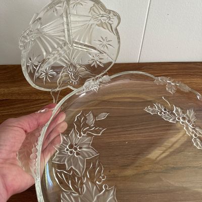 Vintage Frosted Pressed Glass Christmas Platter and Relish Dish Set Holiday Serveware