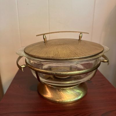 Anchor Hocking Fire-King 2-Quart Casserole with Gold-Tone Warming Stand & Lid