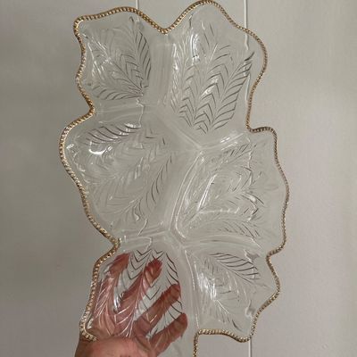 Vintage Gold Trim Glass Platters Set Oval Starburst Tray and Leaf Shaped Relish Dish