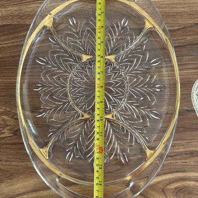 Vintage Gold Trim Glass Platters Set Oval Starburst Tray and Leaf Shaped Relish Dish