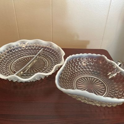 White Opalescent Hobnail Glass Divided Dish & Handled Bowl – 2 Pieces