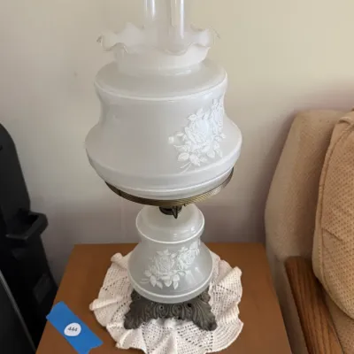 Vintage White Milk Glass Gone With the Wind Style Hurricane Table Lamp – Floral Rose Double Globe (MBR)