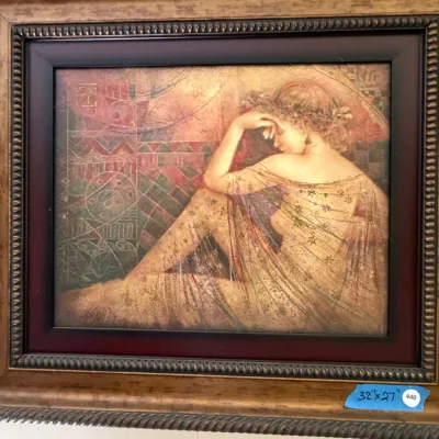 Large Framed Decorative Figural Art – Seated Woman, Warm Earth Tones – 32" x 27" (MBR)