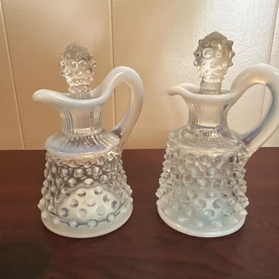 Pair of White Opalescent Hobnail Glass Cruets with Stoppers