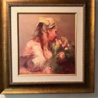 Signed Young Girl with Flowers Portrait Painting on Canvas – Ornate Gold Frame