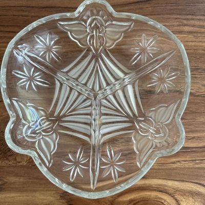 Vintage Frosted Pressed Glass Christmas Platter and Relish Dish Set Holiday Serveware