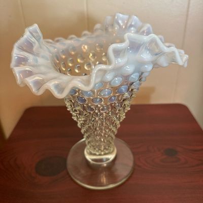 White Opalescent Hobnail Glass Trumpet Vase with Ruffled Rim