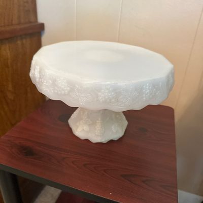 White Milk Glass Pedestal Cake Stand with Grape & Vine Design
