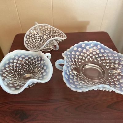 Three-Piece White Opalescent Hobnail Glass Handled Bowl Set