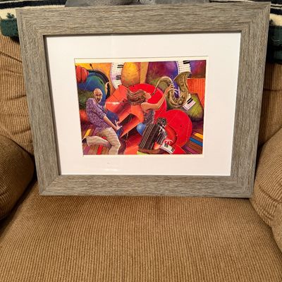 Framed Contemporary Music-Themed Collage Print – Piano, Saxophone & Dancers