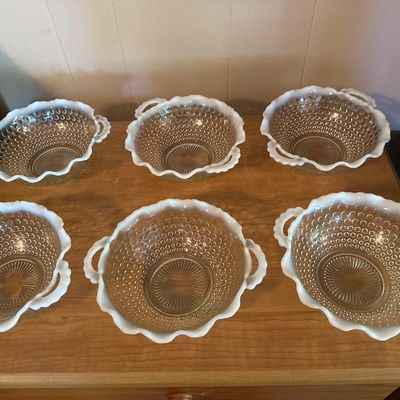 Anchor Hocking Moonstone White Opalescent Handled Bowls – Lot of 6