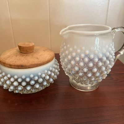 White Opalescent Hobnail Glass Pitcher & Jar with Wooden Lid