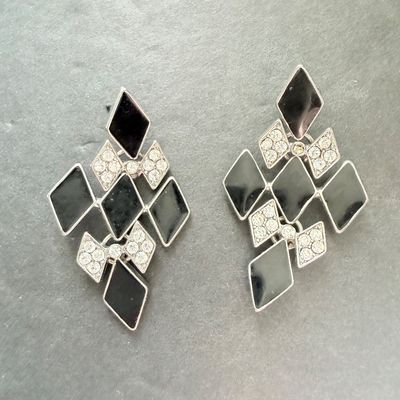 Black silver tone rhinestone dangle earrings
