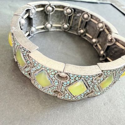 Lime green and turquoise silver tone stretch bracelet