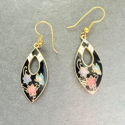 Gold tone black colorful floral dangle earrings vintage?