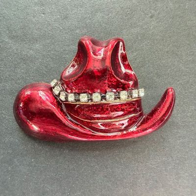 Vintage red enamel hat brooch